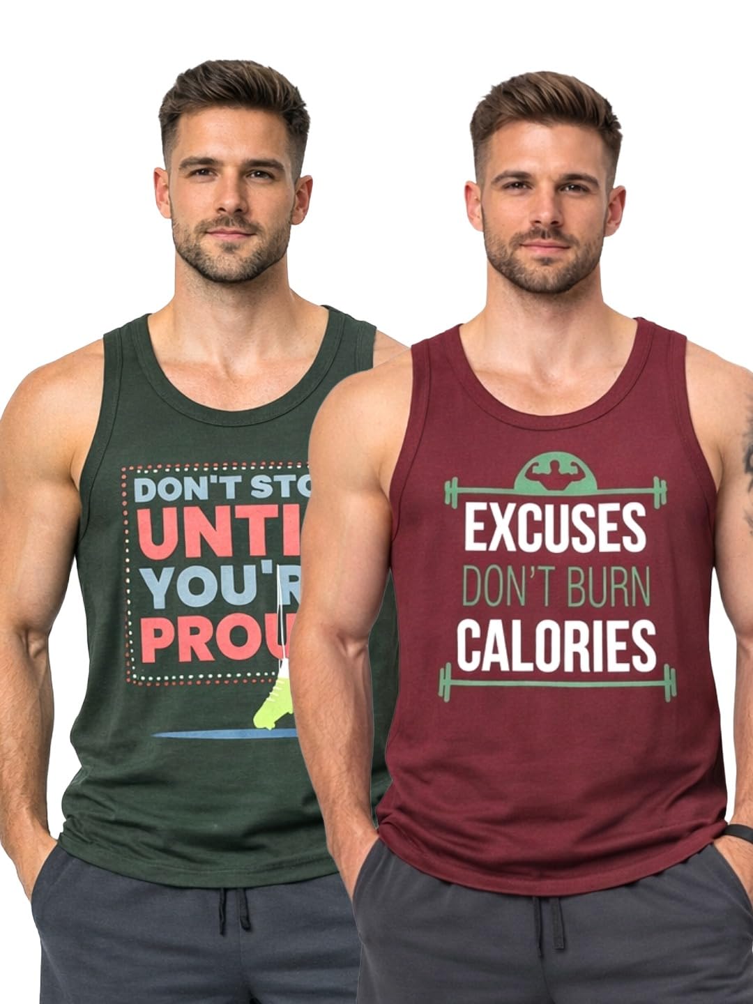 Digsel Men Printed Round Neck Gym Vest | Sleeveless Workout Tank | Stretchable Cotton Pack of 2-image-9