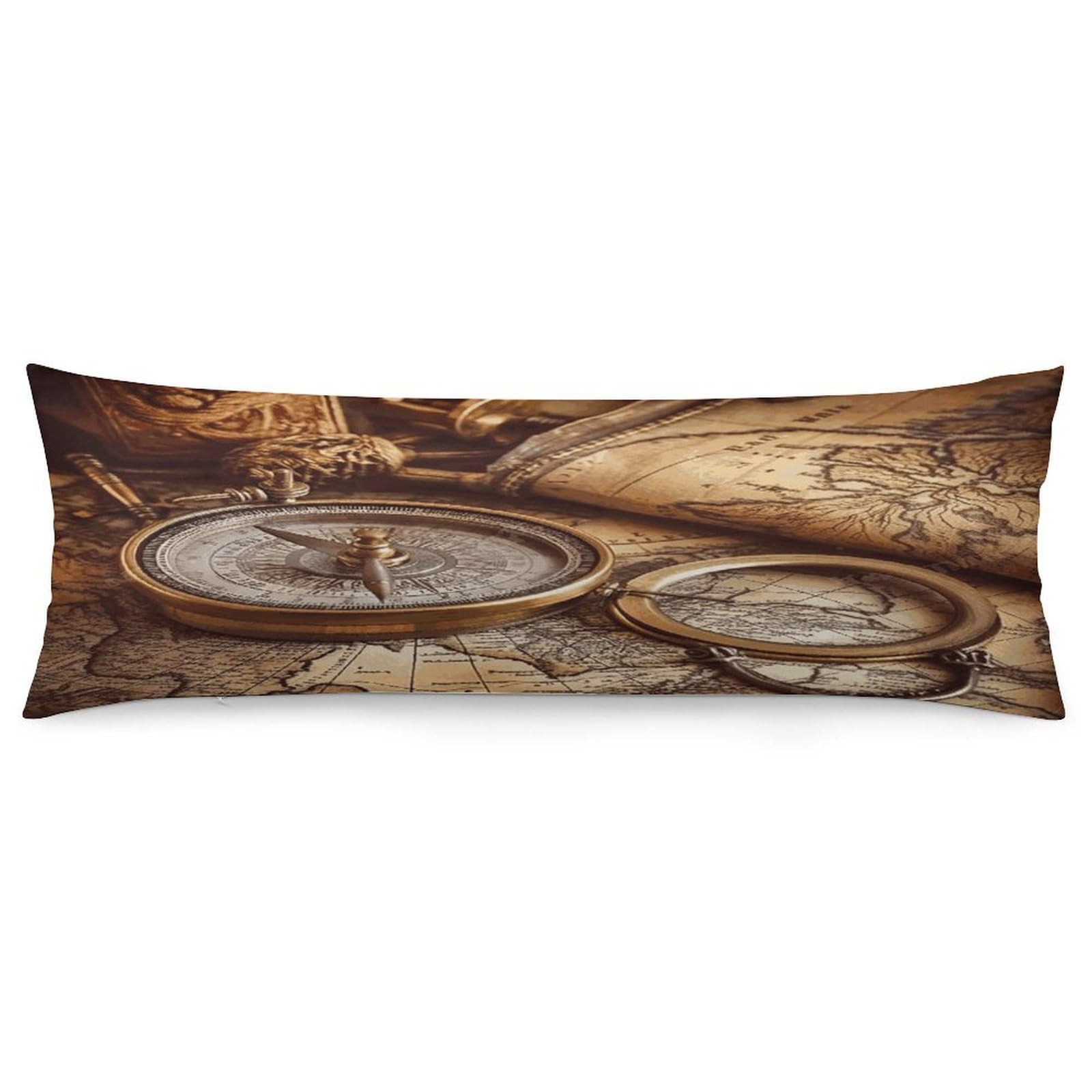 Compass and Old World Map Body Pillow Cover Soft Full Long Pillow Cover Decorative Large Pillow Case Cozy Body Pillow Pillowcase Pillow Shams for Bed Sofa Couch Room Decor 18.9 X 53 Inch