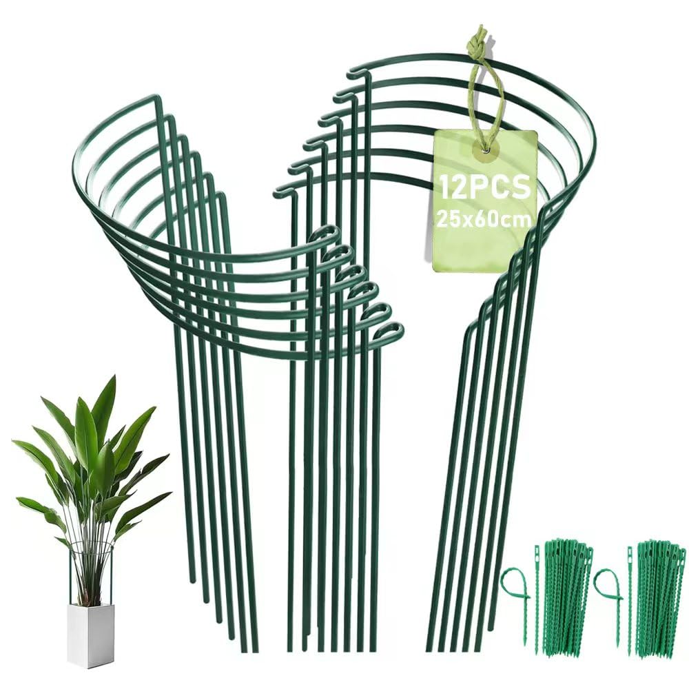MUAEEOK 12 Pack Plant Support Stakes, Metal Garden Plant Stake, Outdoor Tall Plant Support Ring Cage,Large Plant Supports for Tomato,Vegetable, Rose,Flowers Vine (12 Pack-25x60cm)