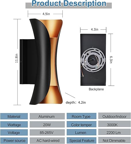 Miniatura 10 de Lámpara de pared al aire libre de 10 W, lámpara de pared exterior moderna de aluminio negro, impermeable, para porche, patio, garaje, paquete de 2