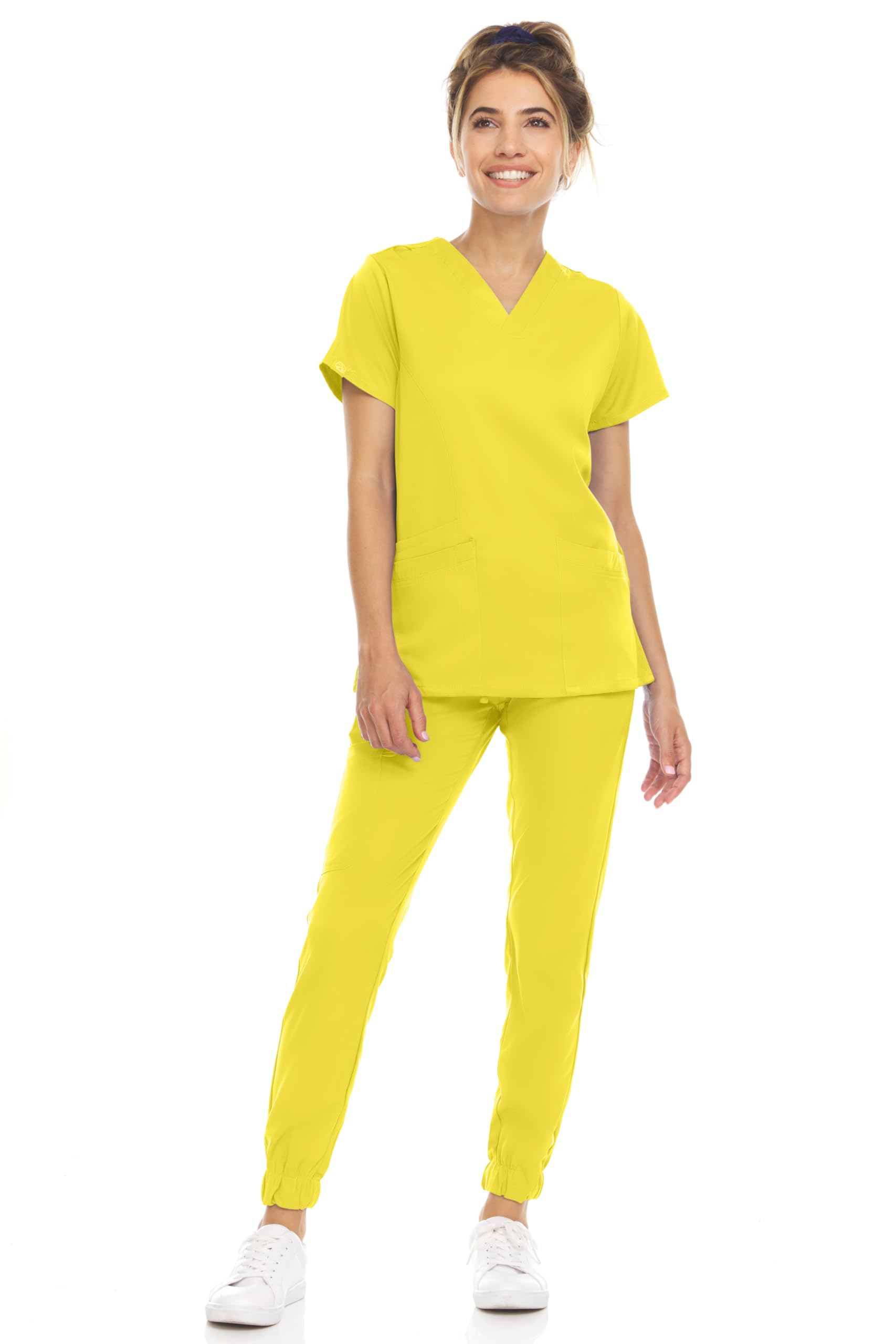 MediChic Women’s Scrubs Set – V-Neck Stretch Scrub Top with 8-Pocket Jogger Pants, Anti-Wrinkle Medical Workwear
