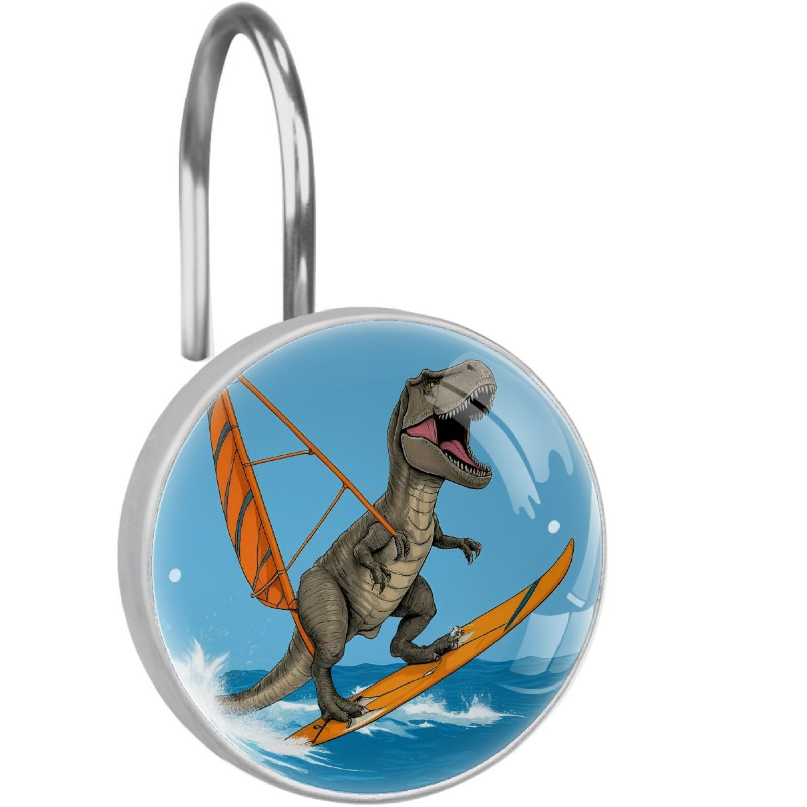 VAPOKF Decorative Shower Curtain Hooks, Surfing Dinosaur Rustproof Stainless Steel Shower Curtain Rings for Bathroom, Shower Curtain Hangers for Shower Rod, 12 Pack