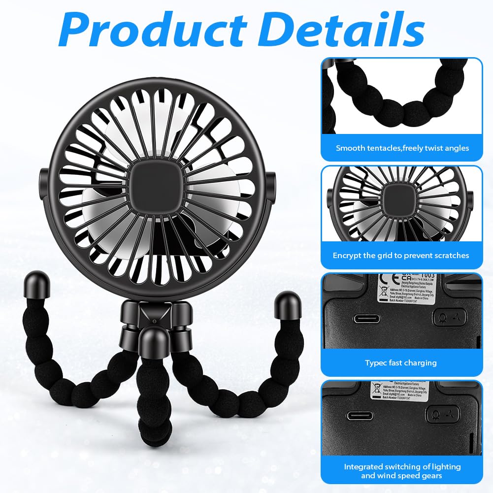 Vicloon Mini Ventilateur Portable pour Poussette, Petit Ventilateur à Pince Rechargeable 500mAh, Trépied Flexible à 3 Vitesses, Veilleuse LED, Ventilateur de Bureau Portable pour Siège Auto, Berceau