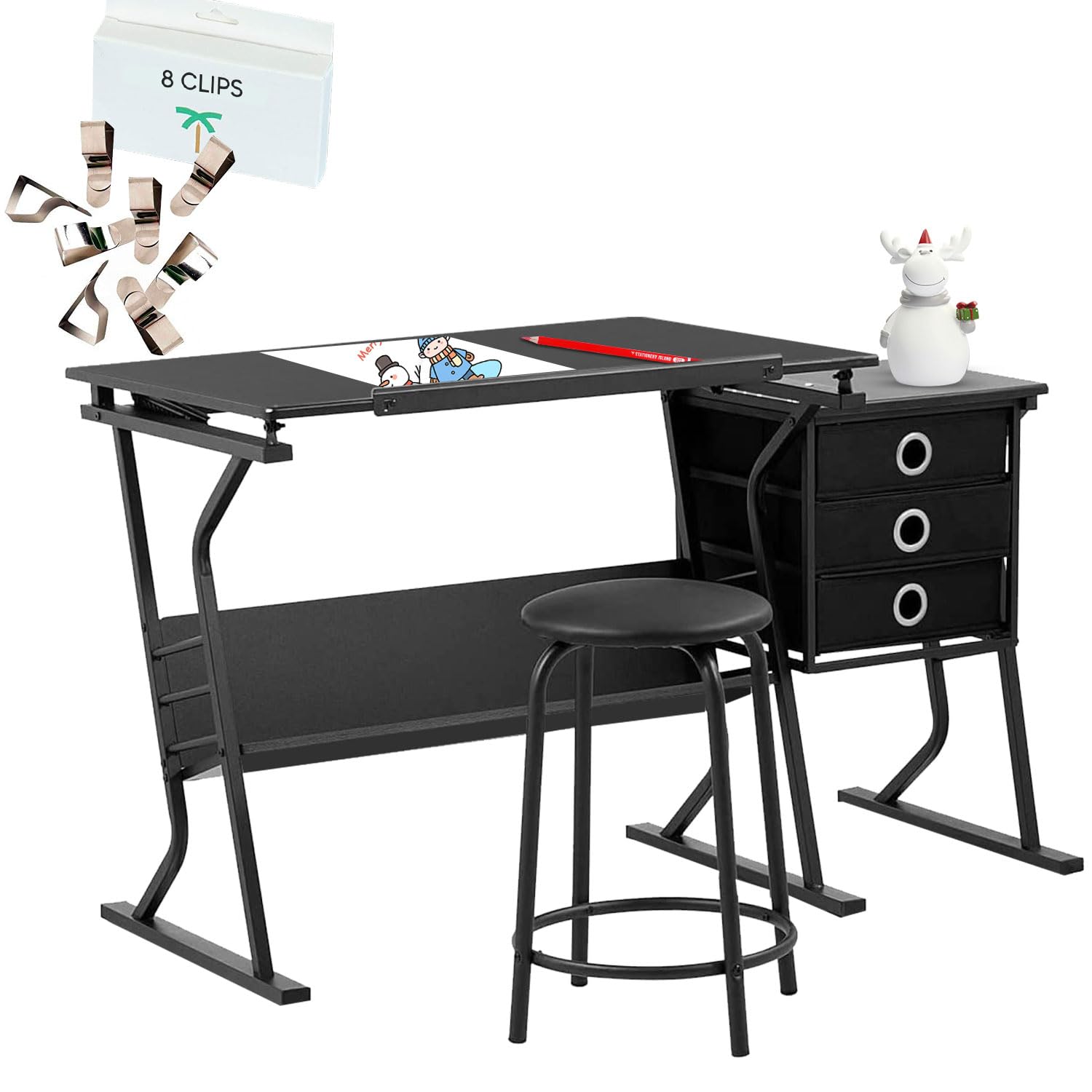 STATIONERY ISLAND Art Desk Oxna, Height Adjustable Drawing Table - Tiltable Craft Table with Storage, Stool&Clips, Art Table for Design, Drawing, Painting