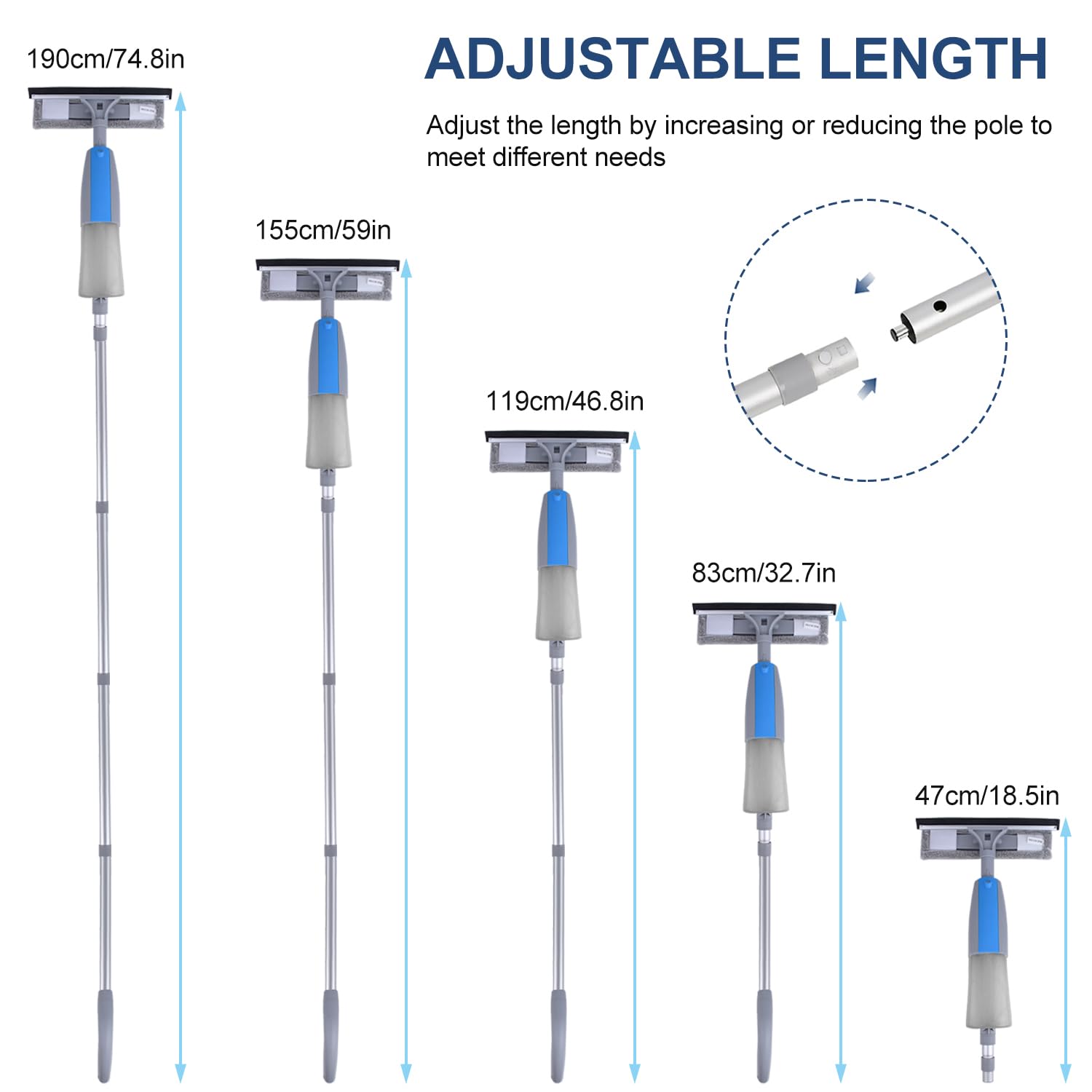 Herramienta Limpiacristales con Rociador, Kit de Limpieza 3 en 1 con Poste de Extensión, Rasqueta de Cristal Profesional de 190cm con 3 Paños de Microfibra para Automóviles y Ventanas Exteriores Altas