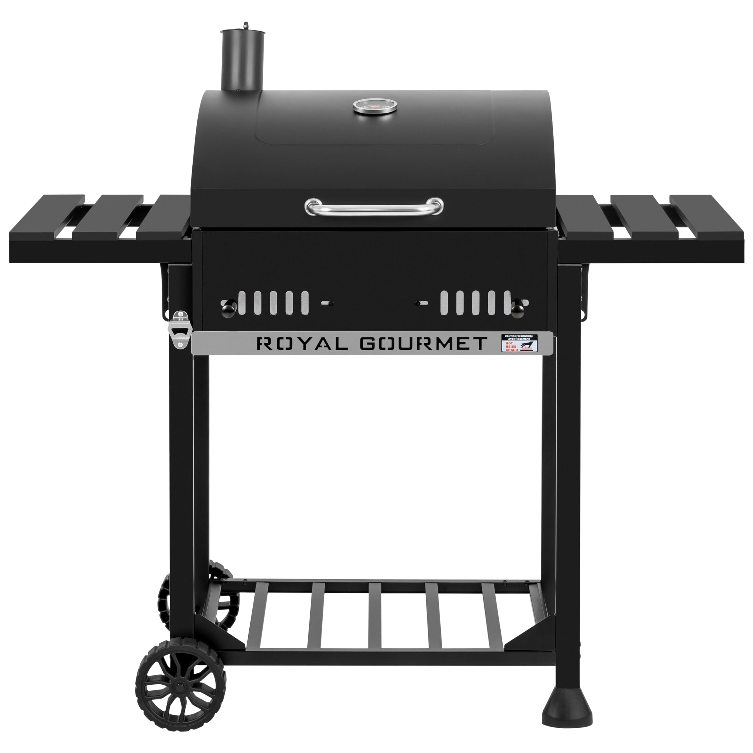 Royal Gourmet Barbecue au charbon de bois avec étagères latérales rabattables, fumoir sur pied avec décekl, thermomètre, barbecue à charbon noir