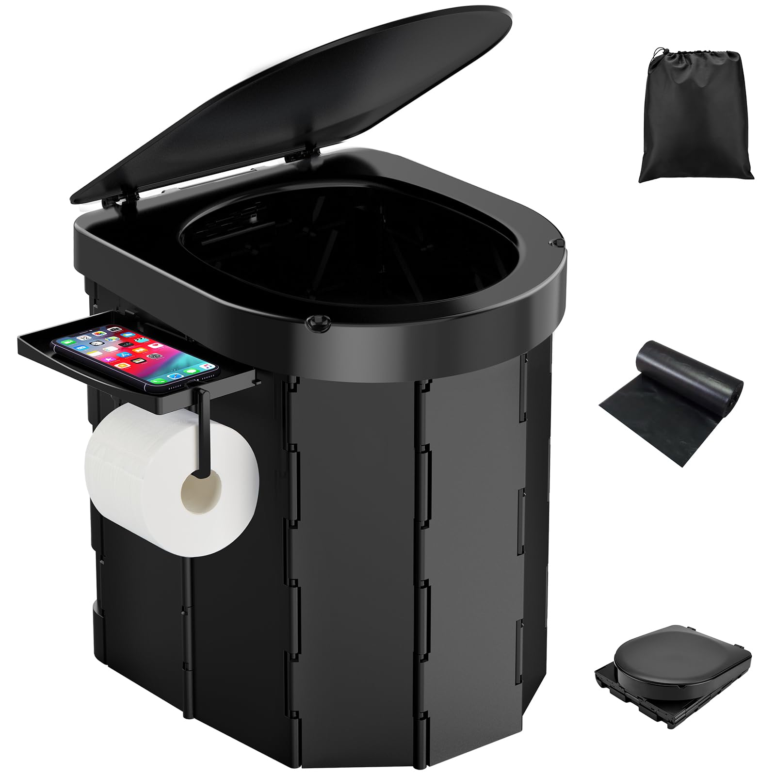 PAHTTO Portable Camping Toilet, Foldable Toilet for Adults with Detachable Phone Shelf and Toilet Paper Holder, Waterproof Porta Potty with Lid for Camping, Hiking, RV Travel, Road Trips