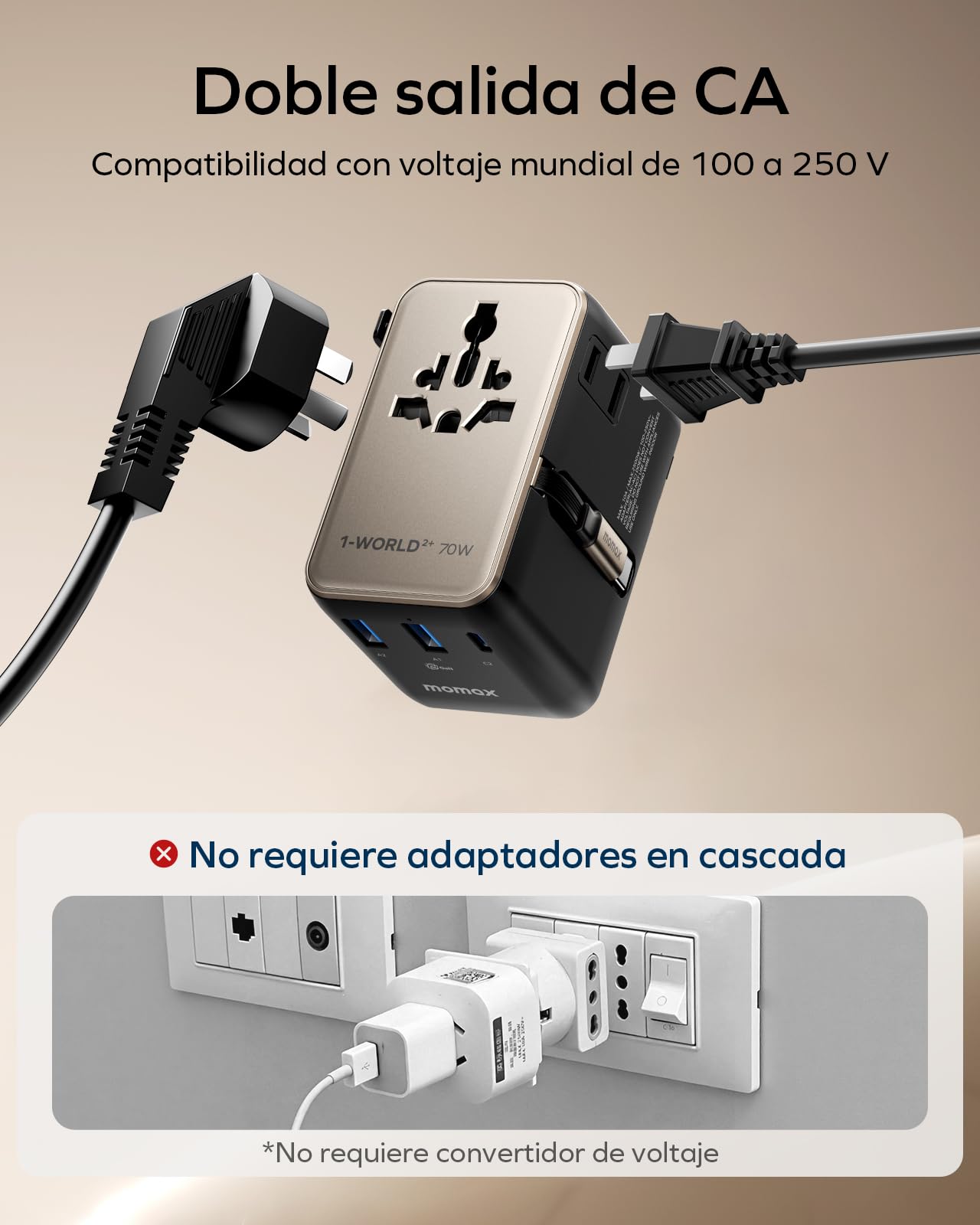 MOMAX Adaptador de Viaje Mundial de 70 W con Cable Extensible, Adaptador de Viaje Mundial con 2 Puertos CA, 2 Puertos USB A y 2 Puertos USB C, Adaptador de Viaje Internacional - Titanio