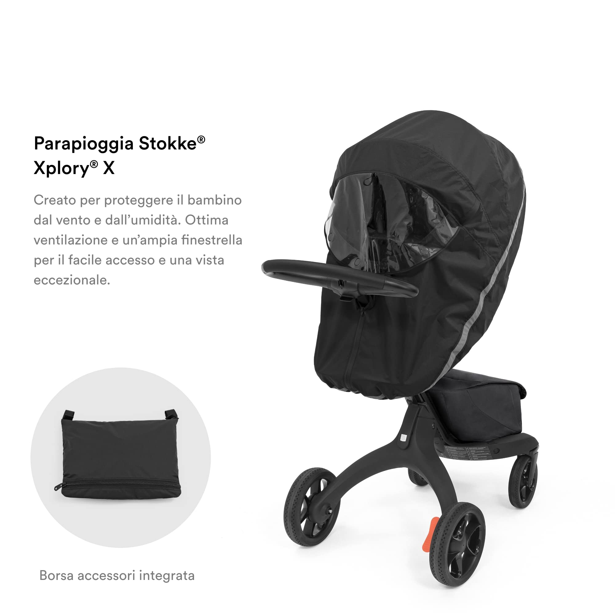 Parapioggia Stokke Xplory X, Nero - Mantiene asciutto il bambino - Facile da usare, Trasportare e Conservare - Ventilazione integrata, Ampia finestrella e catarinfrangenti per una maggiore sicurezza