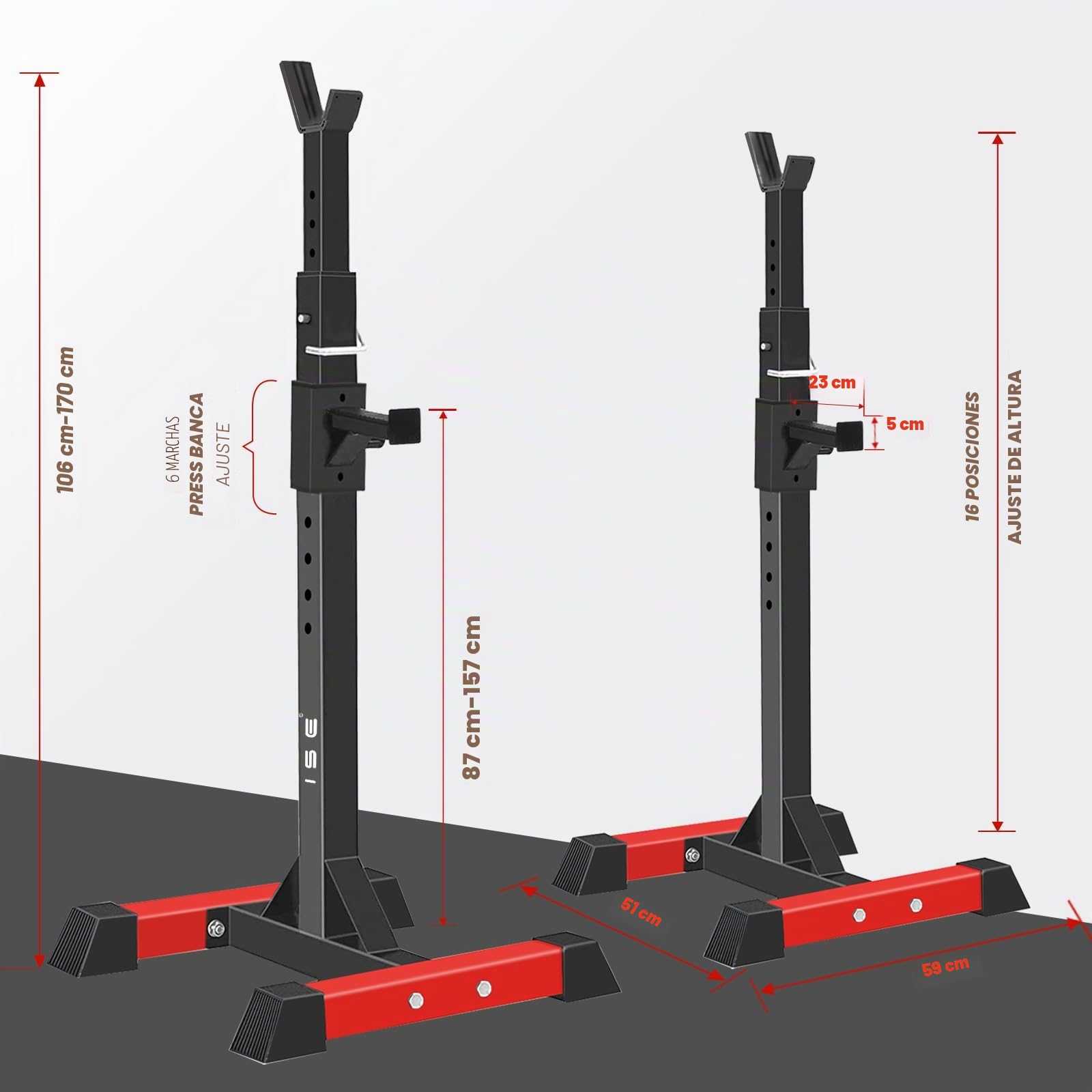 ISE Soporte Barra Pesas ajustable, Soporte Pesas Barra, Rack Sentadillas y Press Banca Squat Rack Stand Gym para Fitness, Soporte Para Pesas de Levantamiento Gimnasio para Banco de Peso, Máx 200kg