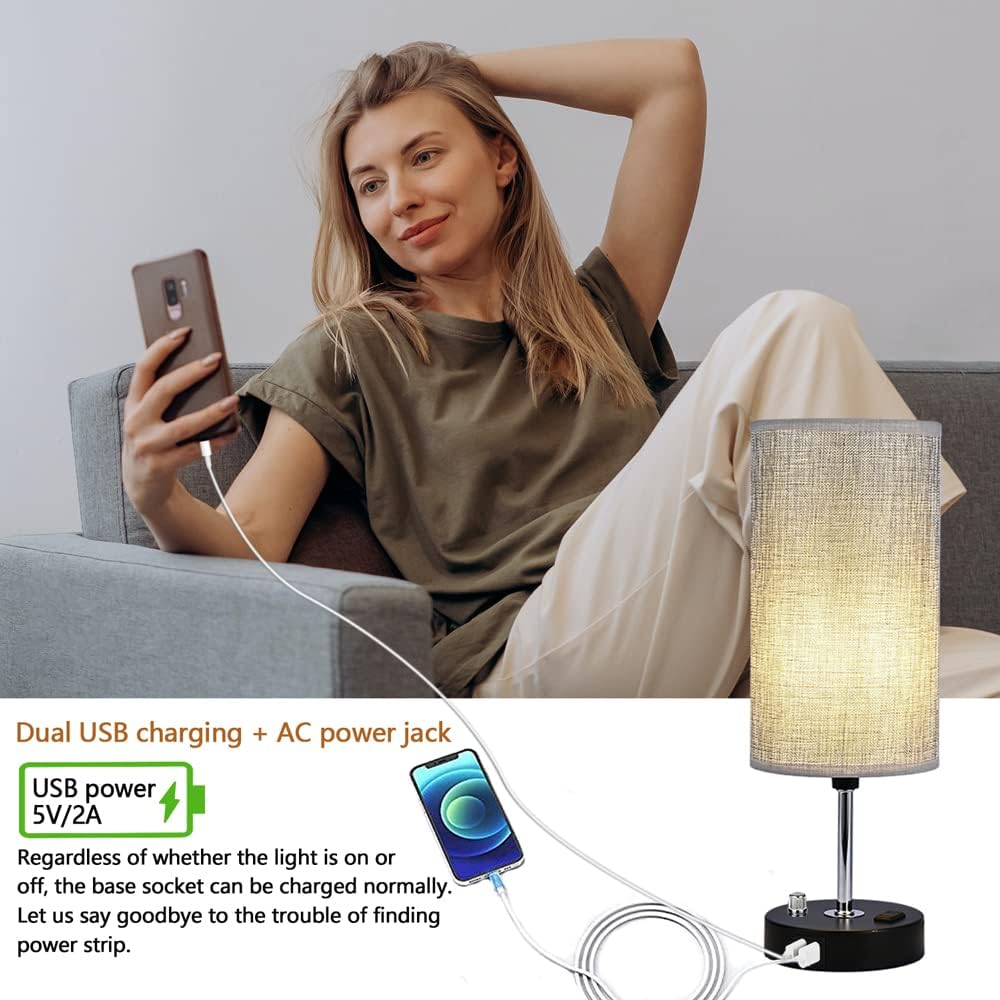 Becomrock Bedside Table Lamp for Bedroom - Stepless Dimmable Nightstand Lamp with 2 USB Port, 1 Outlet and Gray Fabric Shade, Desk Lamp for Bedroom Living Room Office(Bulb Included)