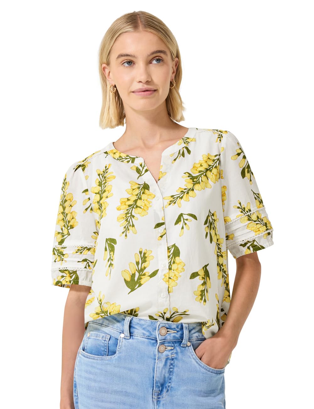 Street One Studio Women's 3413246 Short-Sleeved Blouse with Split Neck and Print (Pack of 1), Off White, 8