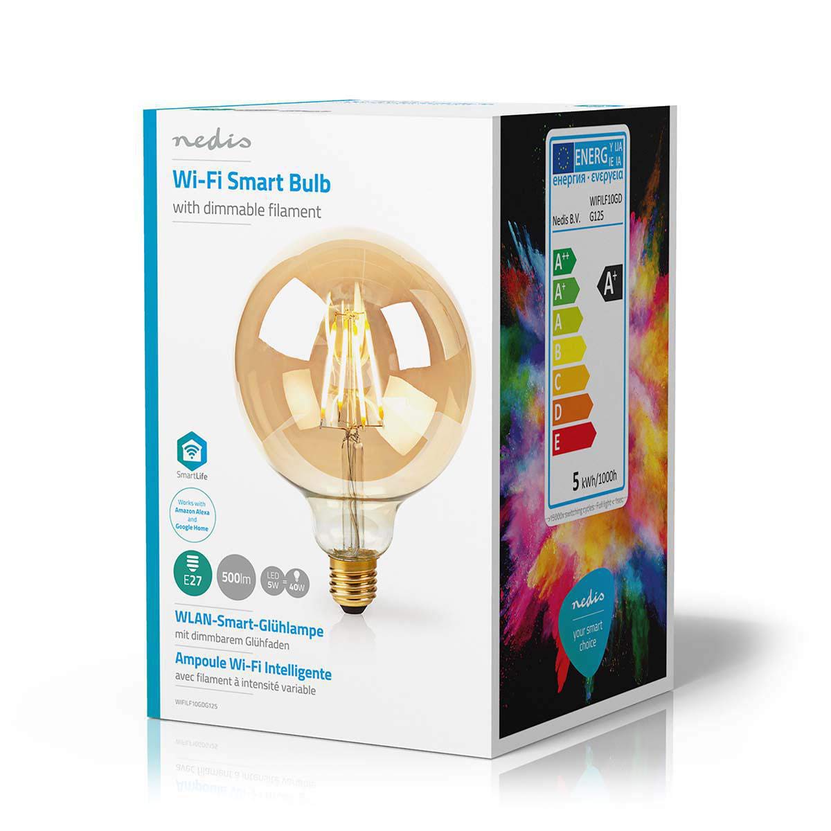 Nedis – Lampadina a filamento Smart WiFi – E27 – 125 mm – 5 W – 500 lm – Controllo app – Facile da configurare – Flusso luminoso nominale: 500 lm – Colore: oro – Materiale: vetro