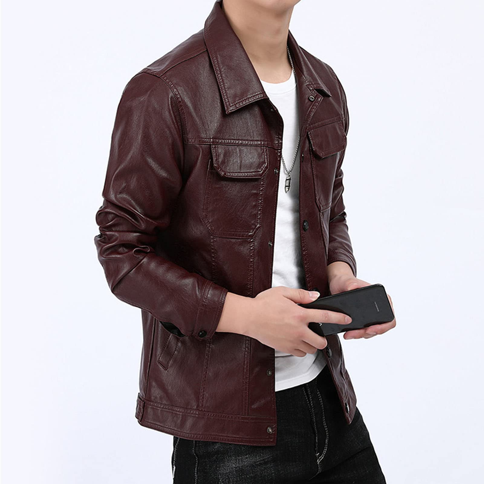 Maiyifu-GJ Men's Button Down Lapel Biker Jacket Winter Warm Faux Leather Motorcycle Jackets Lightweight Casual Pu Bomber Coat (Red Wine,XX-Large)