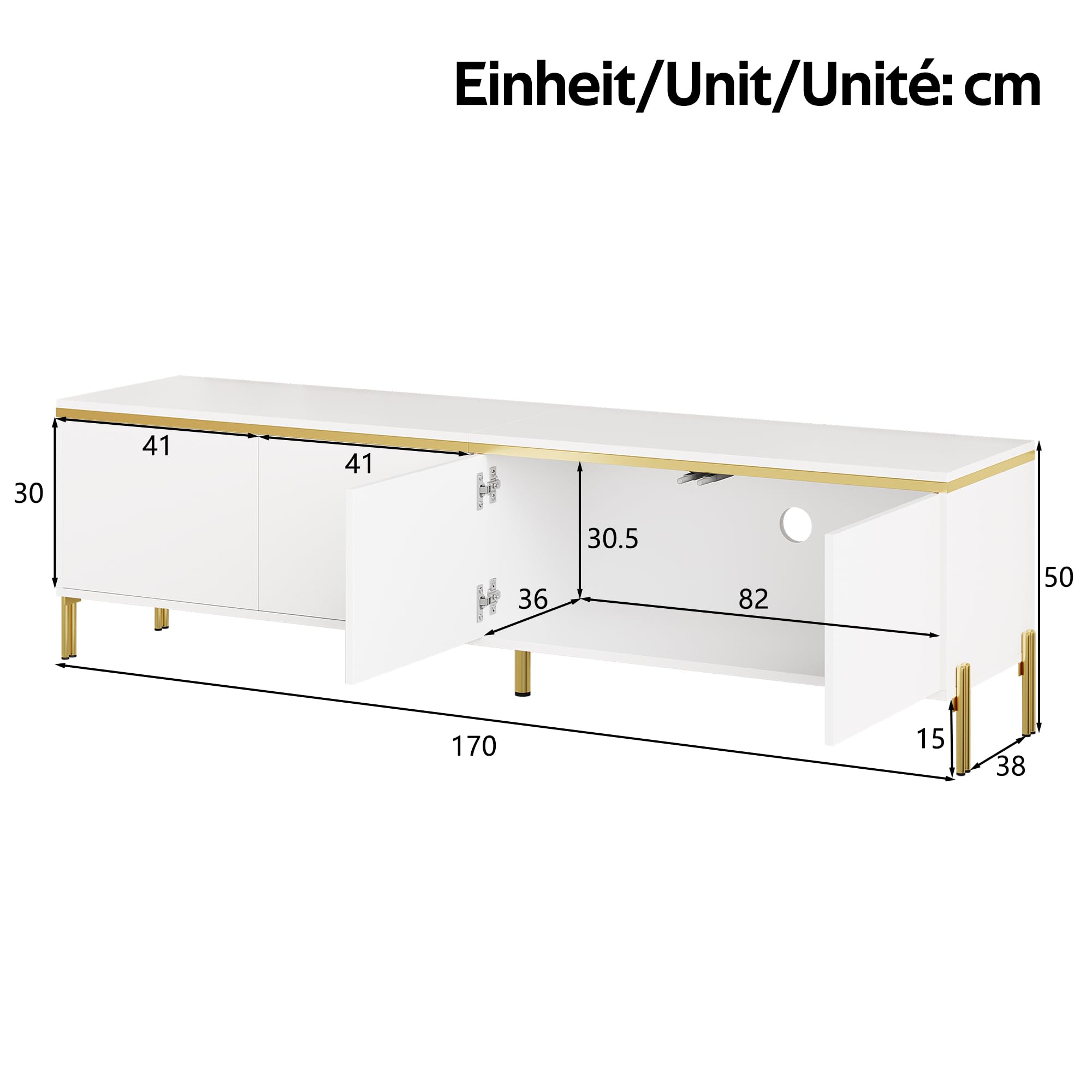 Modernes Luxus-TV-Schrank- und Couchtisch-Set, Hochglänzende Oberfläche in Unifarbe, Goldene Kanten, Großzügiger Stauraum (Weiß, Couchtisch-Set)