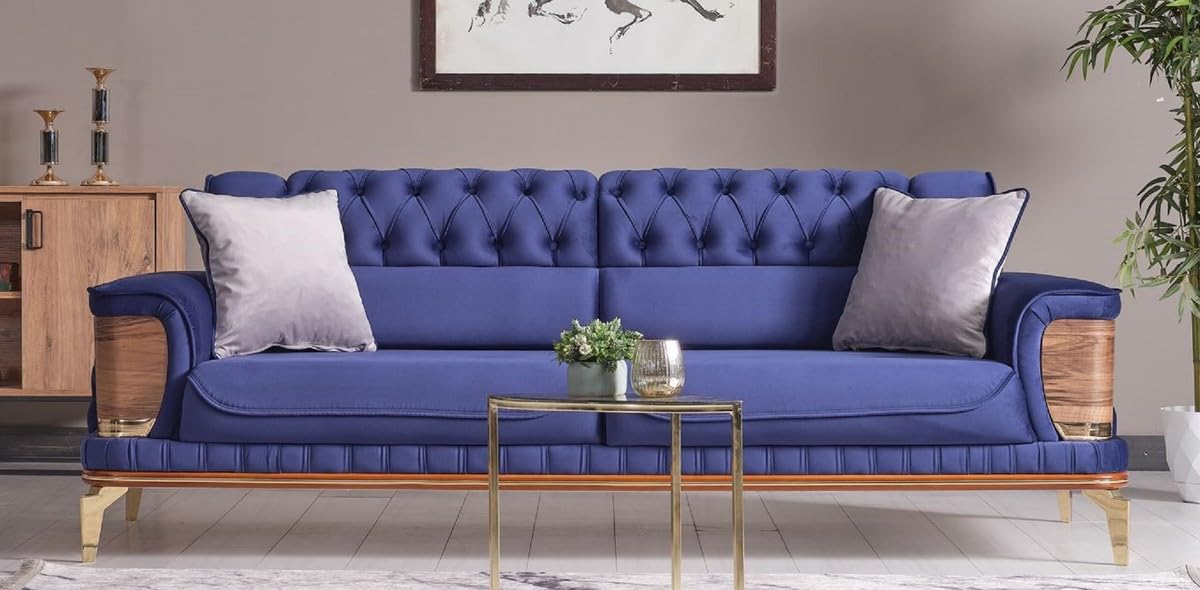 Casa Padrino Luksusowa sofa z łóżkiem, niebieski/brązowy/złoty, 232 x 92 x wys. 85 cm - sofa do salonu z 2 poduszkami - luksusowe meble do salonu