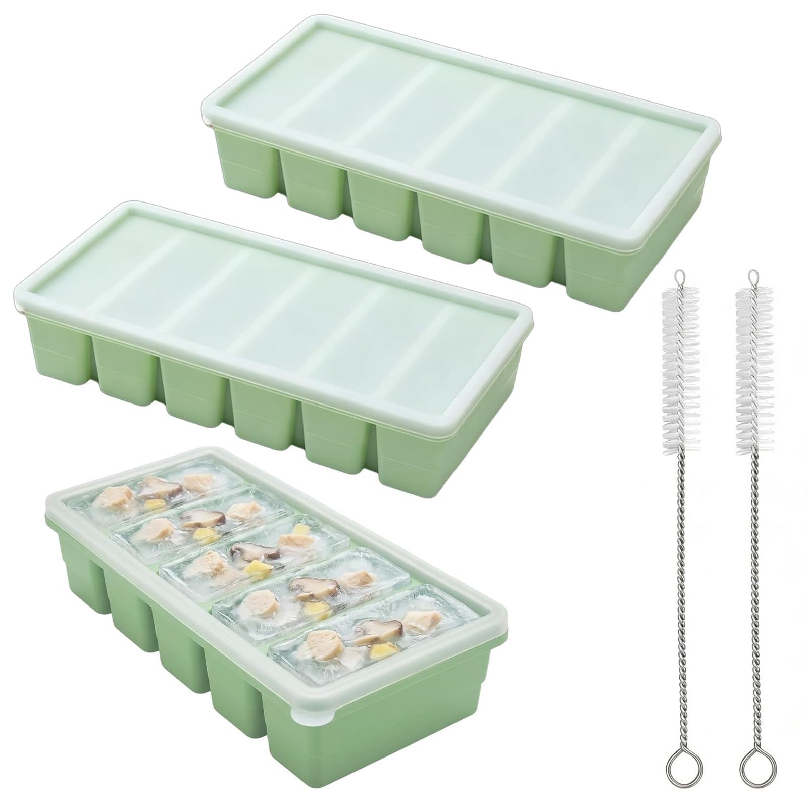 4Pcs Silicone Freezer Moulds, Includes Two Rectangular Ice Moulds and Two Cleaning Brushes, Ideal for Meal Prep and Batch Cooking, Space-Saving Food Storage Solutions