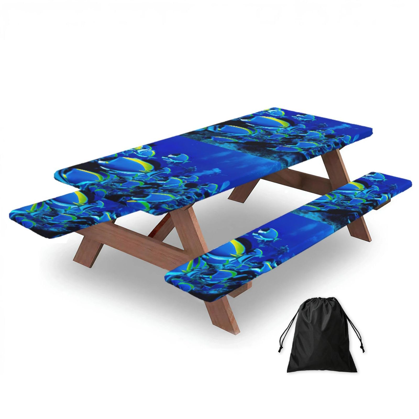 Yqxwjl Black Blue Fishes Ocean Print Camping Essentials Waterproof Camping Table And Bench Cover With Drawstring Bag 183 Cm