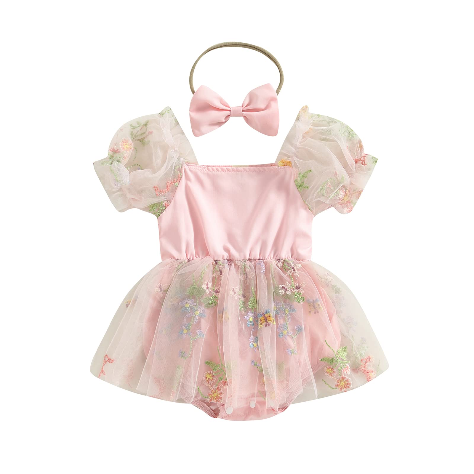 Ursobutegl Newborn Infant Baby Girls Romper Dress Short Sleeve Ruched Floral Skirts Bodysuits Headband Princess Outfit?Fairy Pink,12-18 Months?