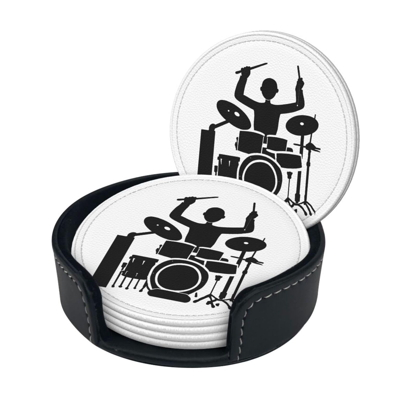 Drummer Print Coaster,Round Leather Coasters with Storage Box for Wine Mugs,Cold Drinks and Cups Tabletop Protection (6 Piece)