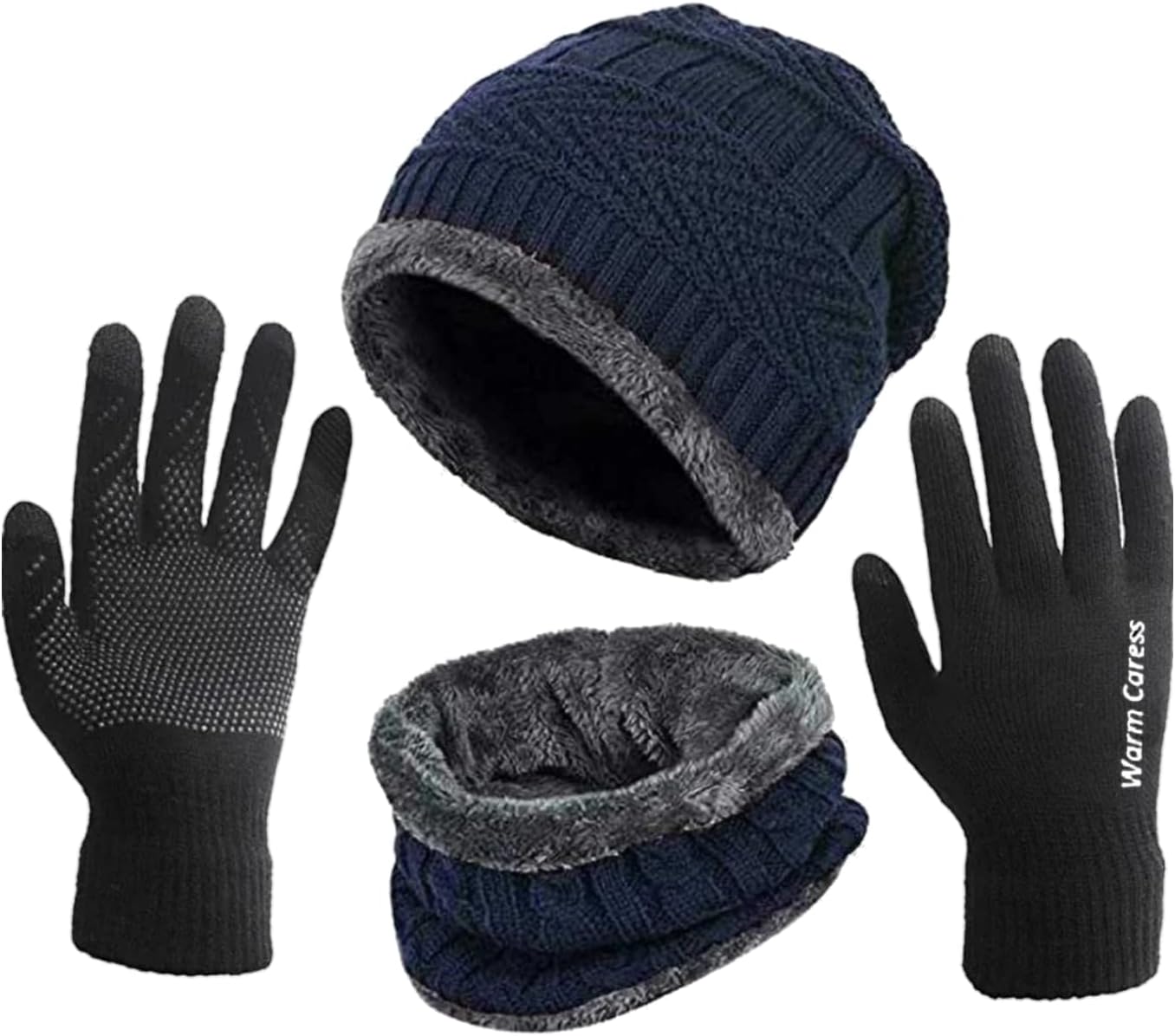 X-LENTWinter Caps With Touch Gloves (BLUE) | Winter Knit Beanie Cap Hat Neck Warmer Scarf and Woolen Gloves Set Skull Cap for Men Women/Winter Cap for Men
