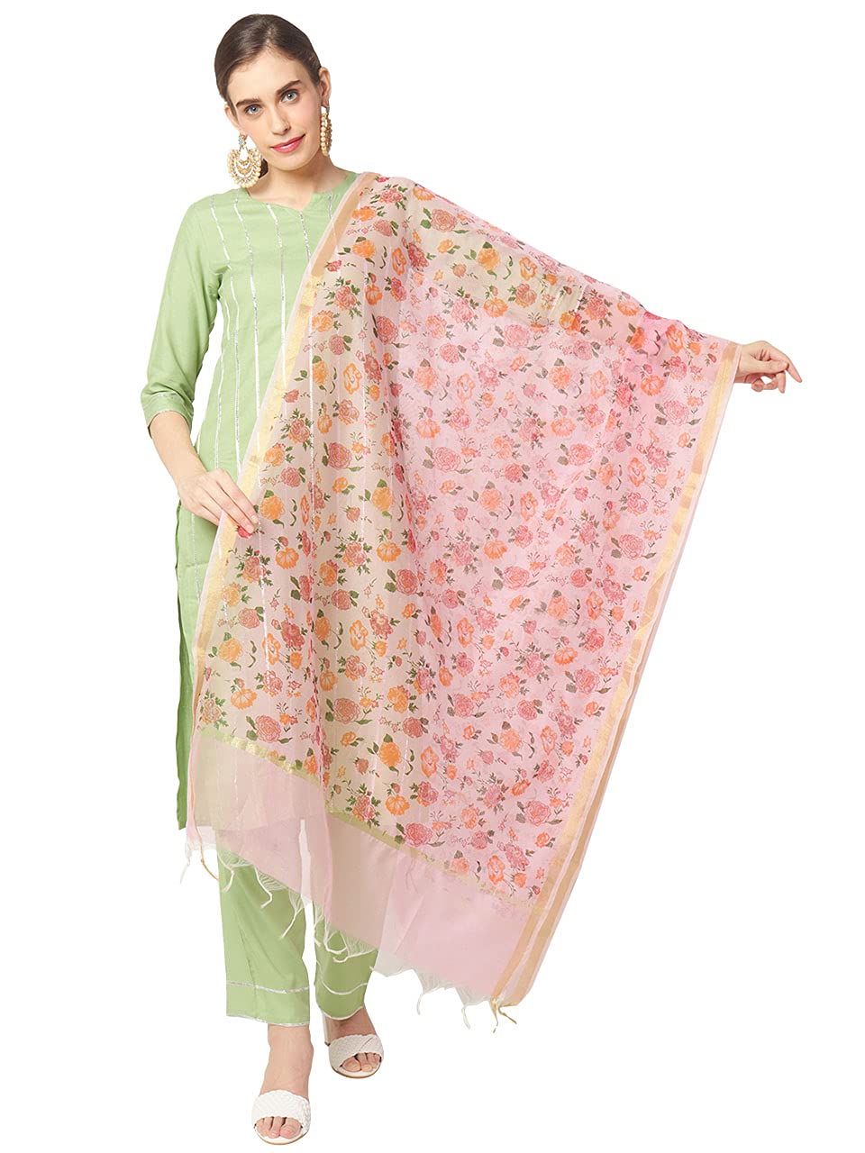 dupatta bazaar Women's Baby Pink Chanderi Dupatta with Multicolour Floral Print free size-picture-15