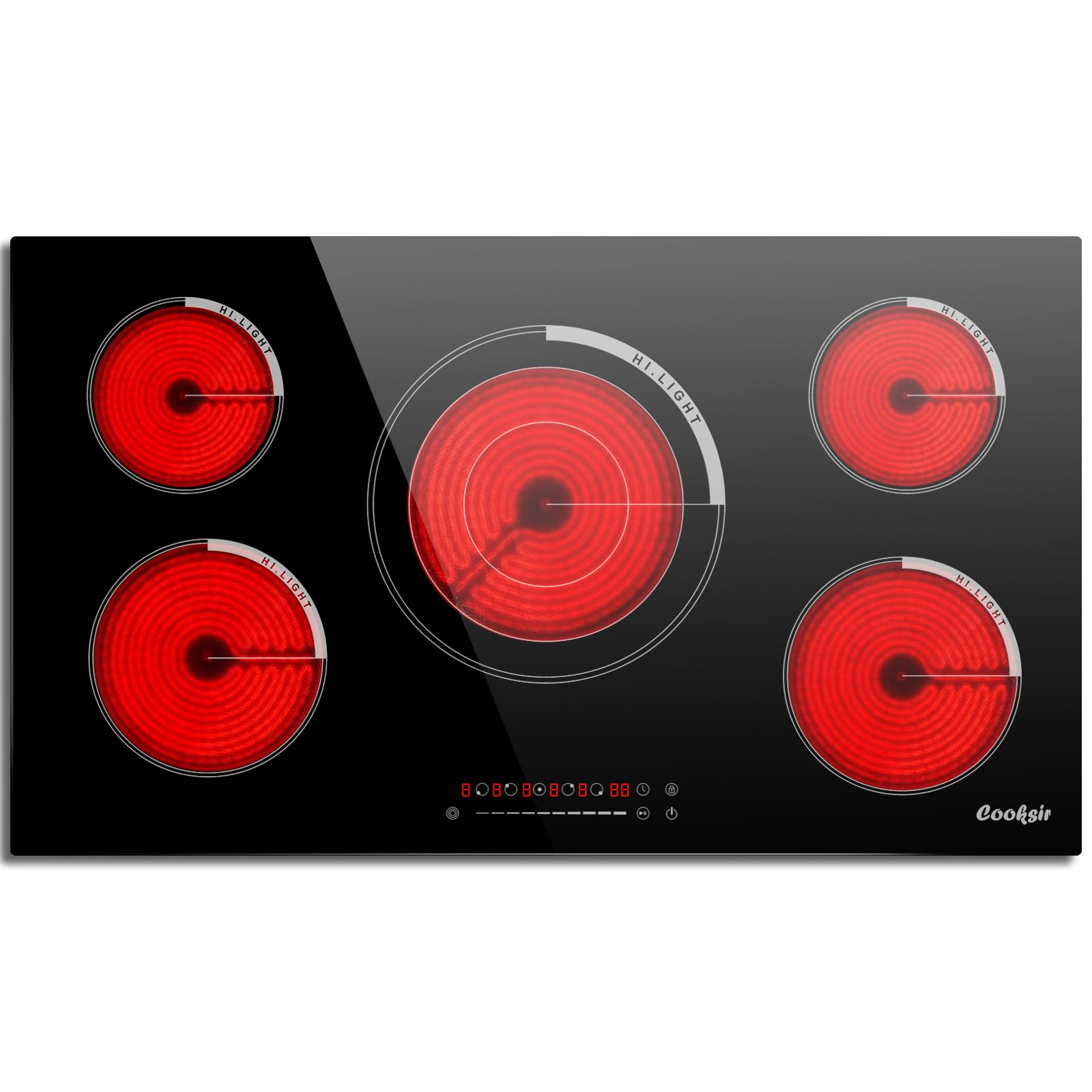 Cooksir 36インチ電気コンロ - 36インチ電気コンロ240V、9200W 5バーナー電気コンロ、スライドタッチコントロール、タイマー、安全ロック、電気コンロ、220-240Vハードワイヤード(プラグなし)