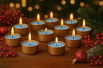 Golden Jar Tealight Candles | Long Lasting 8–9 Hour Burn | Decorative Wax Candles in Premium Golden Jars | Perfect for Home, Pooja, Wedding & Festive Décor (Pack of 10, Blue)