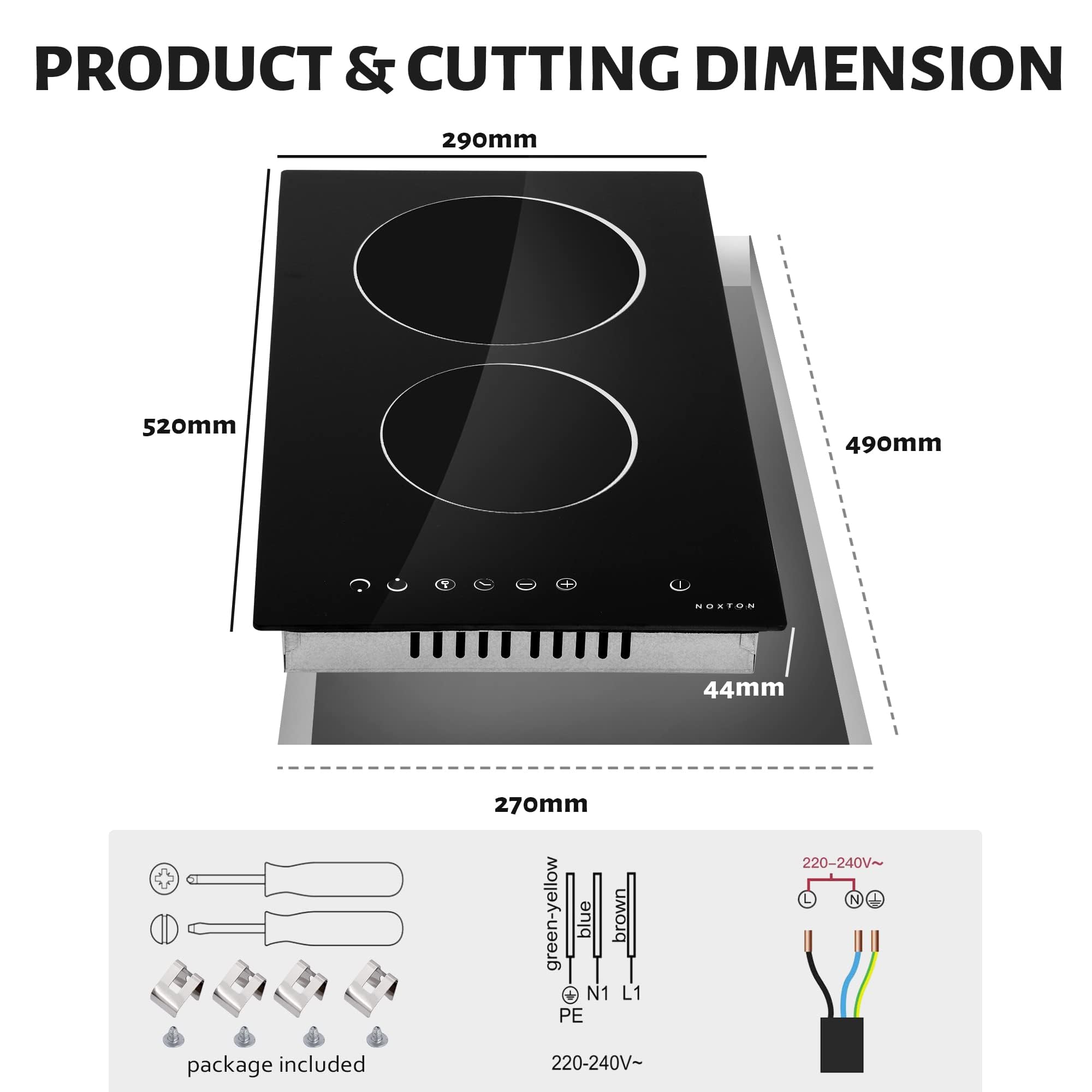 Noxton Ceramic Hob, Built-in 2 Zone Electric Hobs 29 x 52cm Noise-free Auto Shut-off Safe Lock Heat Indicator Black Glass Panel Cooktop with Touch Controls — view 5