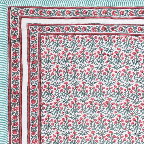 Image of BLOCKS OF INDIA Cotton Single Size Quilt Hand Block Print for Light Winters (60x90 Inches) (Turq Pink JAAL)-300 TC