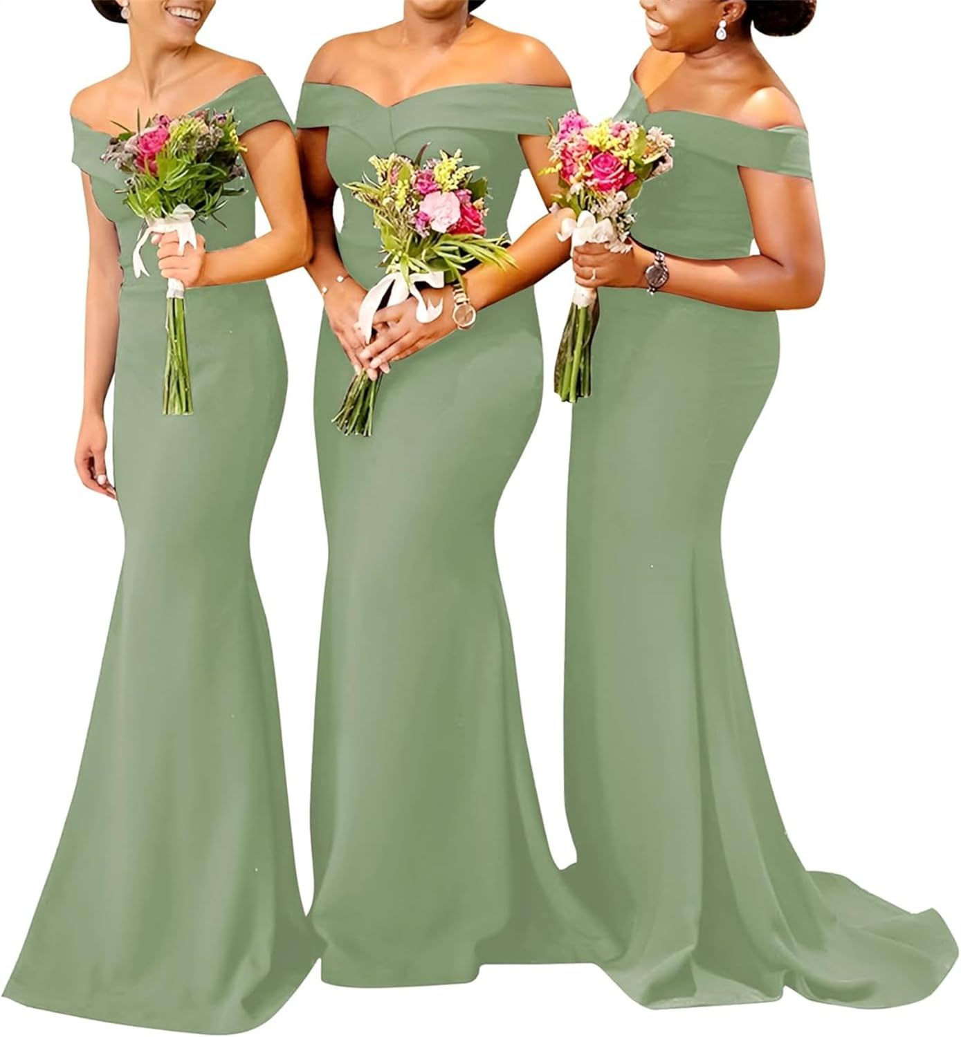 Kurface Women's Sage Green Long Mermaid Bridesmaid Dresses Off Shoulder Prom Dress For Satin Maid Of Honor Uk10