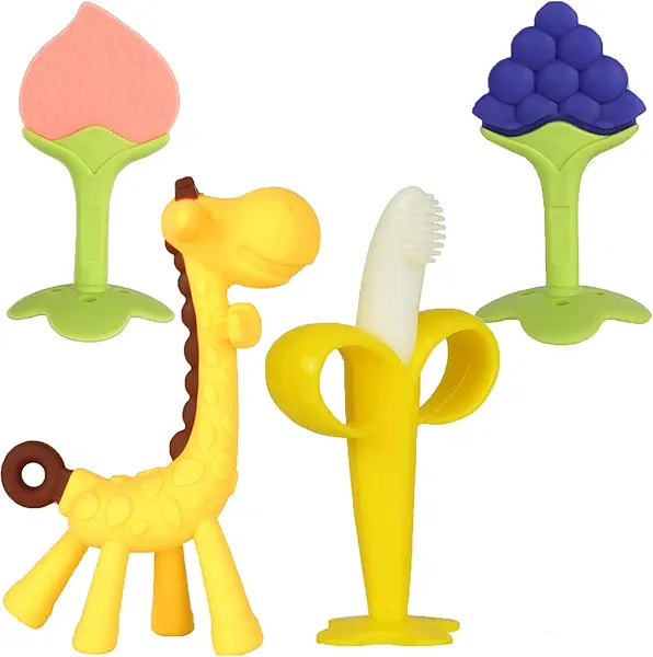 Haili XMGQ Baby Teething Toys 3-6 Months, Silicone Baby Teether Freezer BPA Free, Babies Teething Relief Sore Gums, Banana Finger Toothbrush, Fruit Shape Giraffe Teether for Infant Boys and Girls