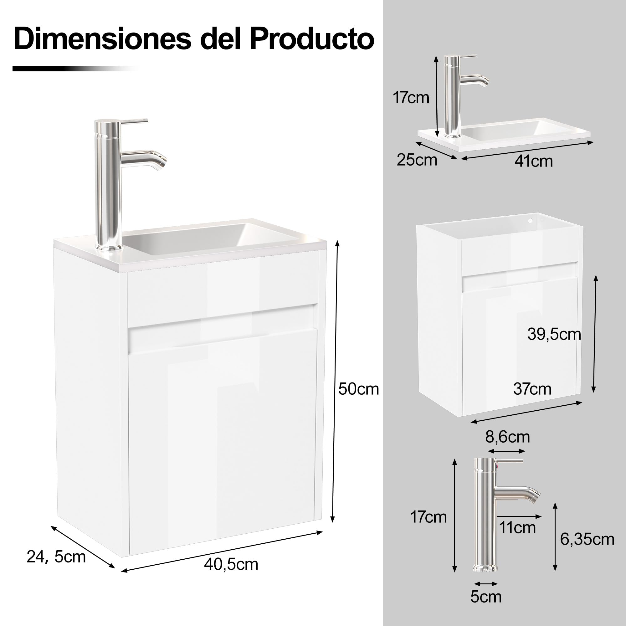 UEV Mueble de Baño con Lavabo de Resina, 41CM Mueble de Baño Suspendido Que Ahorra Espacio, Grifo Cromado Que Ahorra Agua y Desagüe Pop Up, Pequeño, Blanco