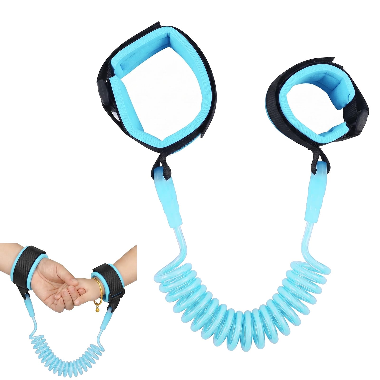 Guinzaglio per Bambini 1.5m con Cavo a Molla Flessibile e Rotazione 360°, Antismarrimento, Blu