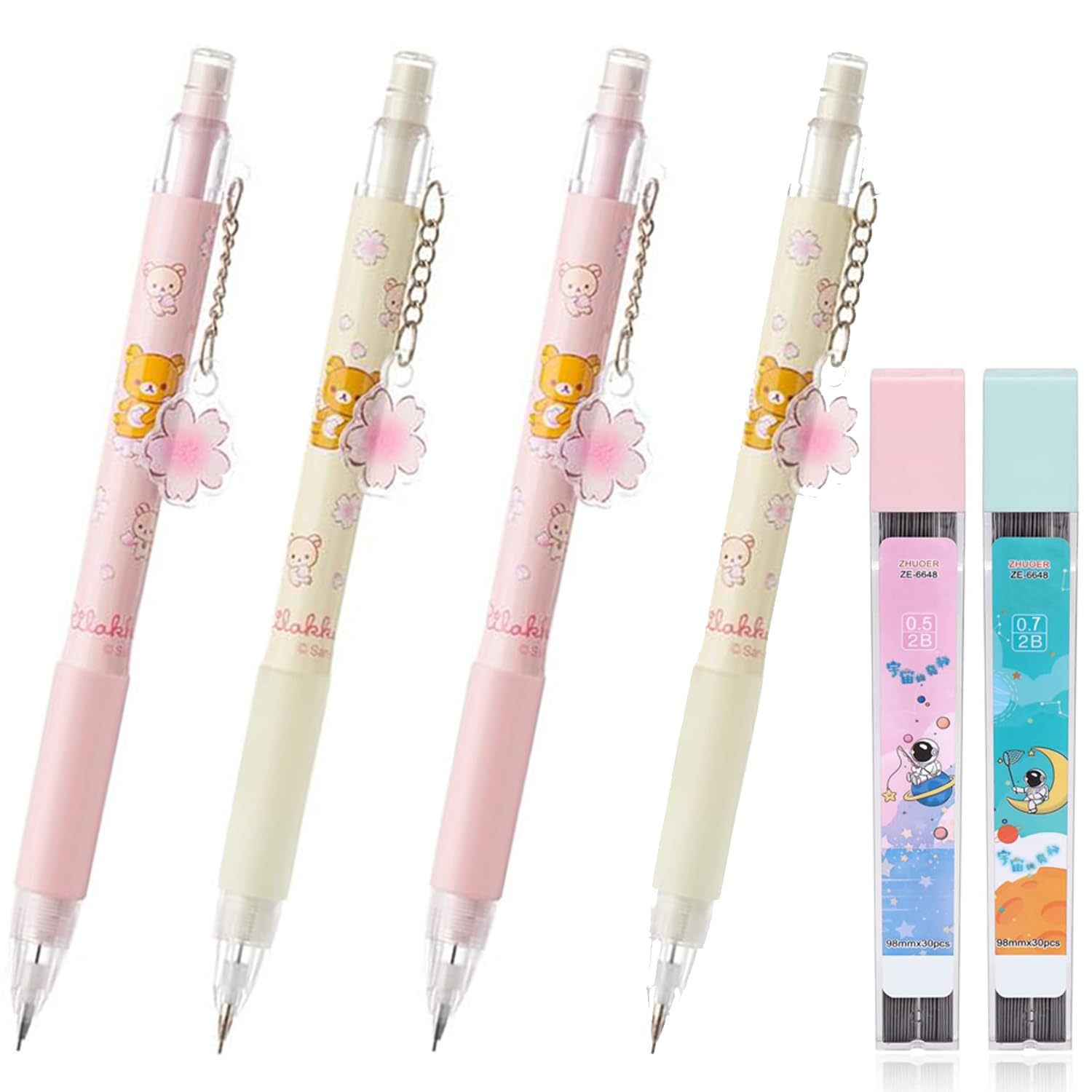 4Pcs Mechanical Pencil Set Cute Mechanical Pencil 0.5mm & 0.7mm Cartoon Bear Press Pen Writing Tool Kawaii Sakura 2B Automatic Pencils Soft Comfortable Grip for Writing Drawing Sketching