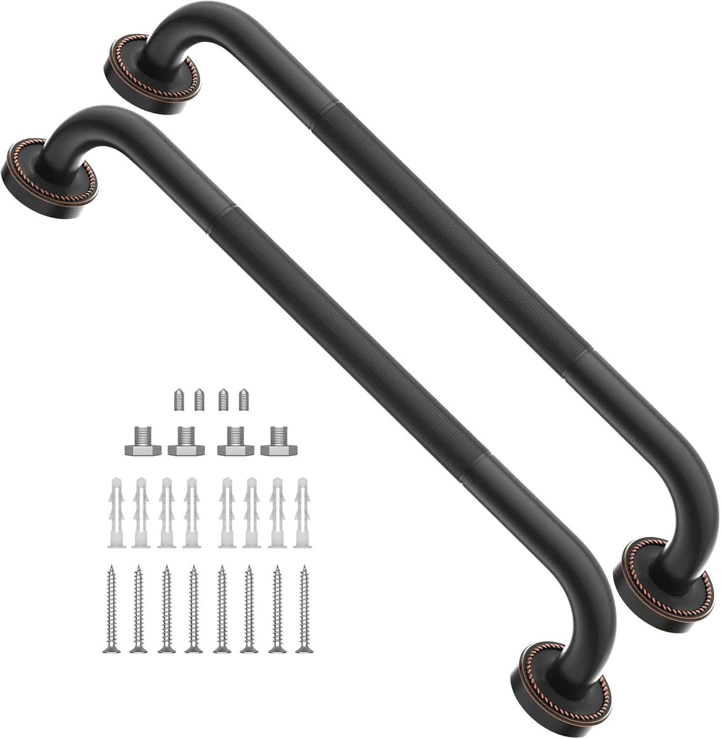 2 Pack 20 Inch Anti Slip Shower Grab Bar Oil Rubbed Black Bronze, ZUEXT Antique Brass Bathroom Grab Bar, Knurled Bath Balance Bar, Safety Handrail Support, Handicap Elderly Senior Assist Bath Handle 20IN-2P Black