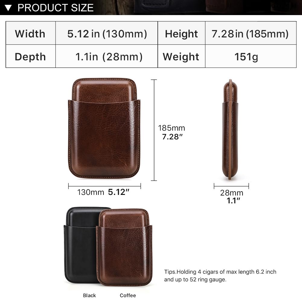 Hiram Cigar Travel Case for 4 Cigars Genuine Leather Humidor Cigar Pouch Portable 4 Slots Cigar Storage Case for Men (Coffee) - Image 2