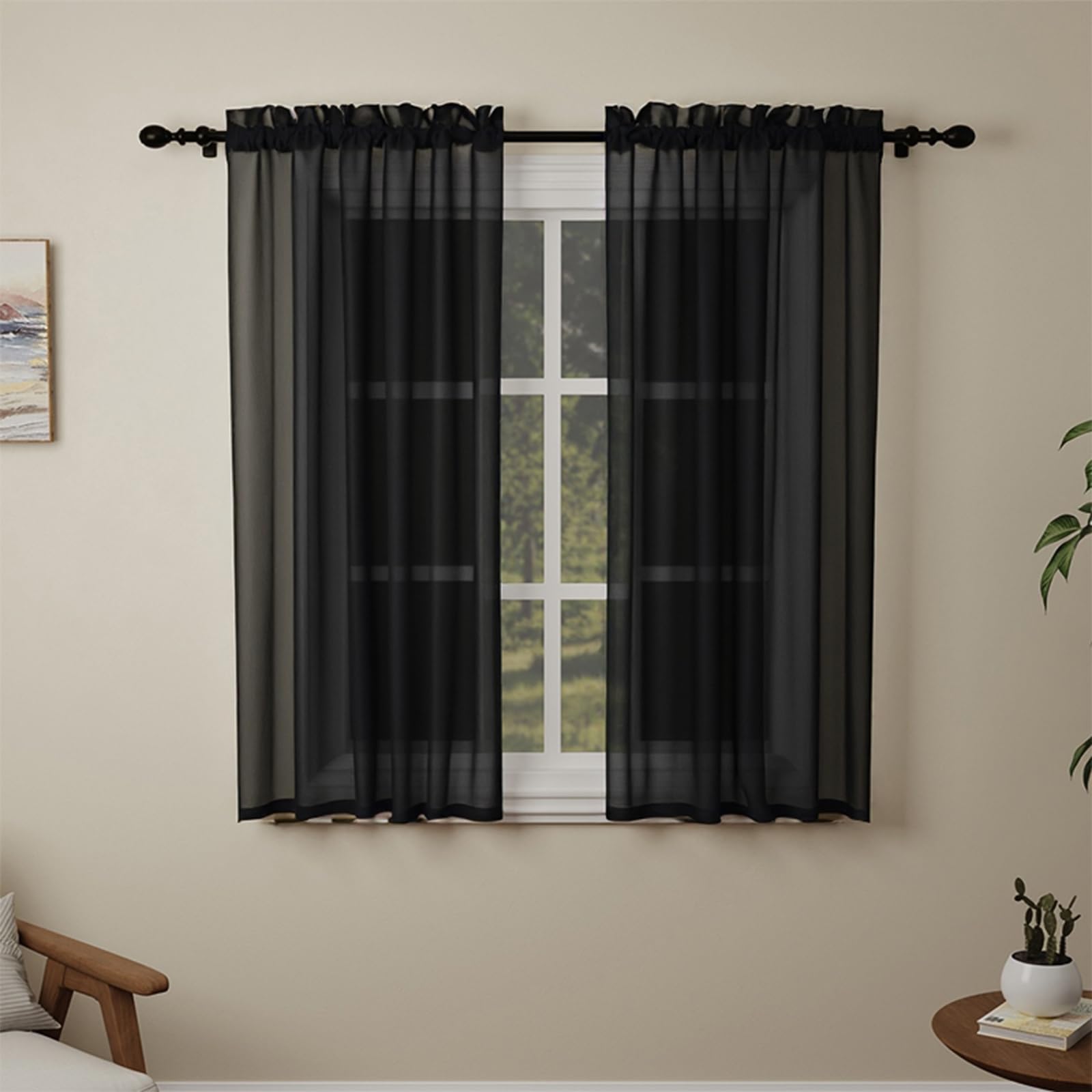 Cortina de red para ventanas con bolsillo de barra cortinas de gasa negra 2 paneles salon