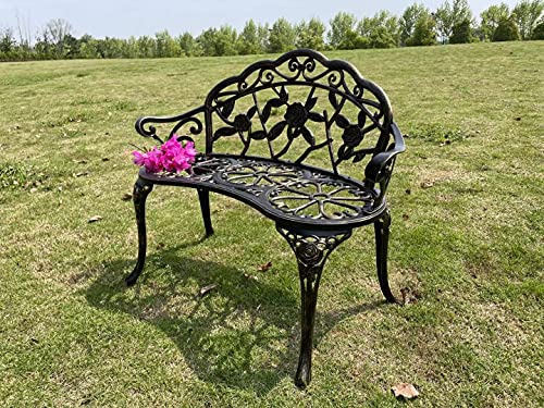 U/D Outdoor Bench Park Garden Bench ，All Chair Anti Rust Cast Aluminum Patio Yard Bench ，Carved Rose Loveseat Bench For Backyard. Porch, Balcony, Lawn. (Without Cushion, Copper) #TOP3