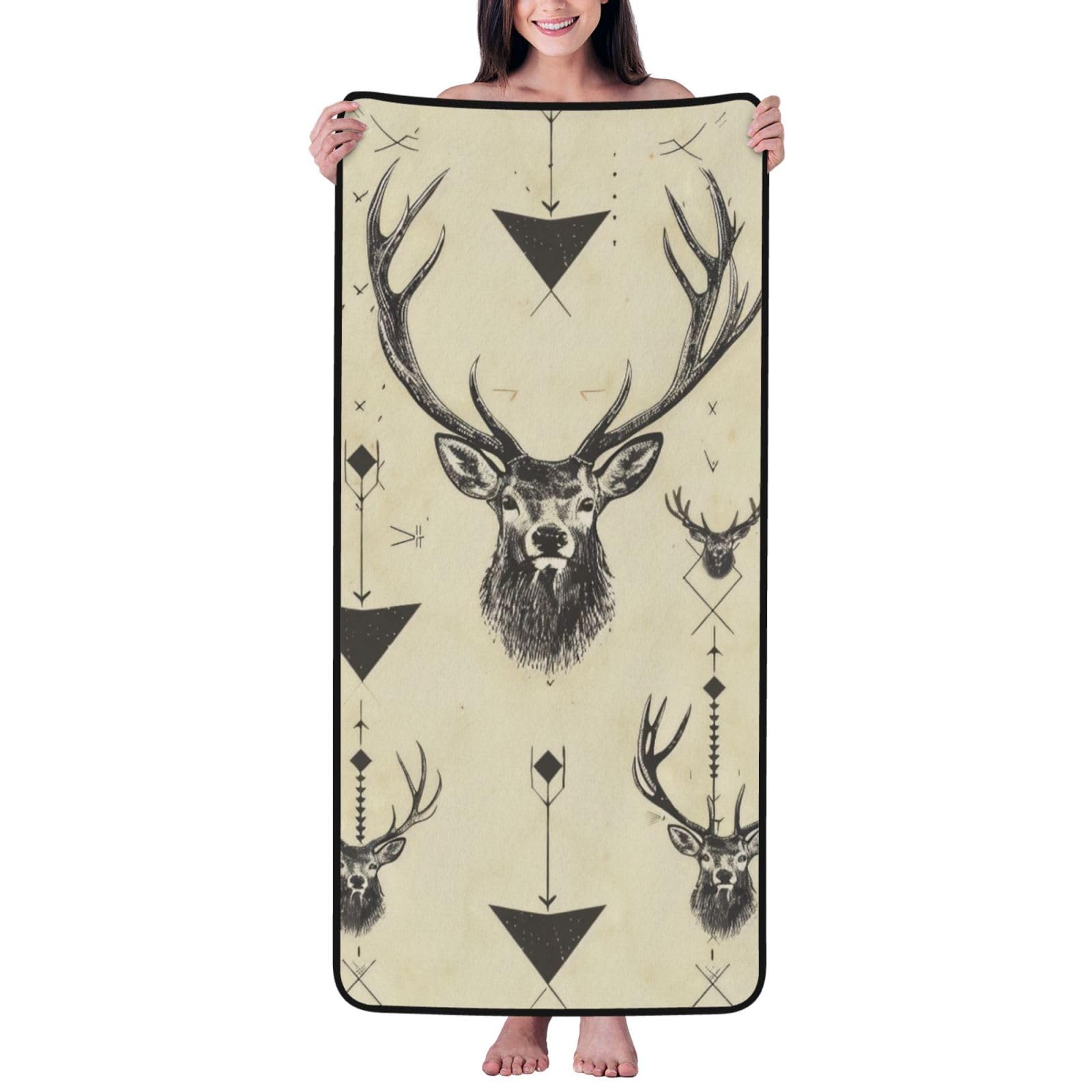 WPKJU Hunting Arrows Triangles Deer Printed Bath Towel with Black Edging - 27x55 in Soft Extra Absorbent Coral Velvet Shower Towels for Bathroom