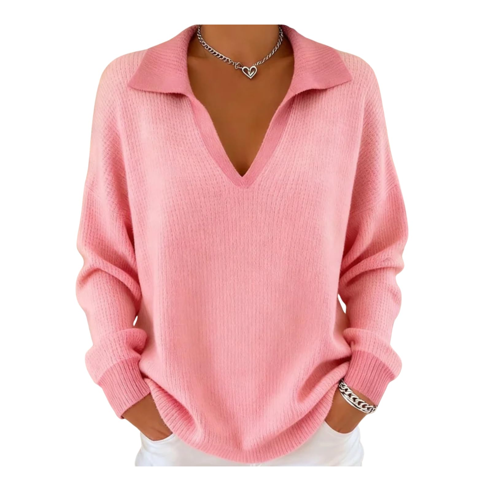 Womens Retro V Neck Knitted Pullover Sweater Fall Autumn Winter Casual Solid Color Long Sleeve Tops