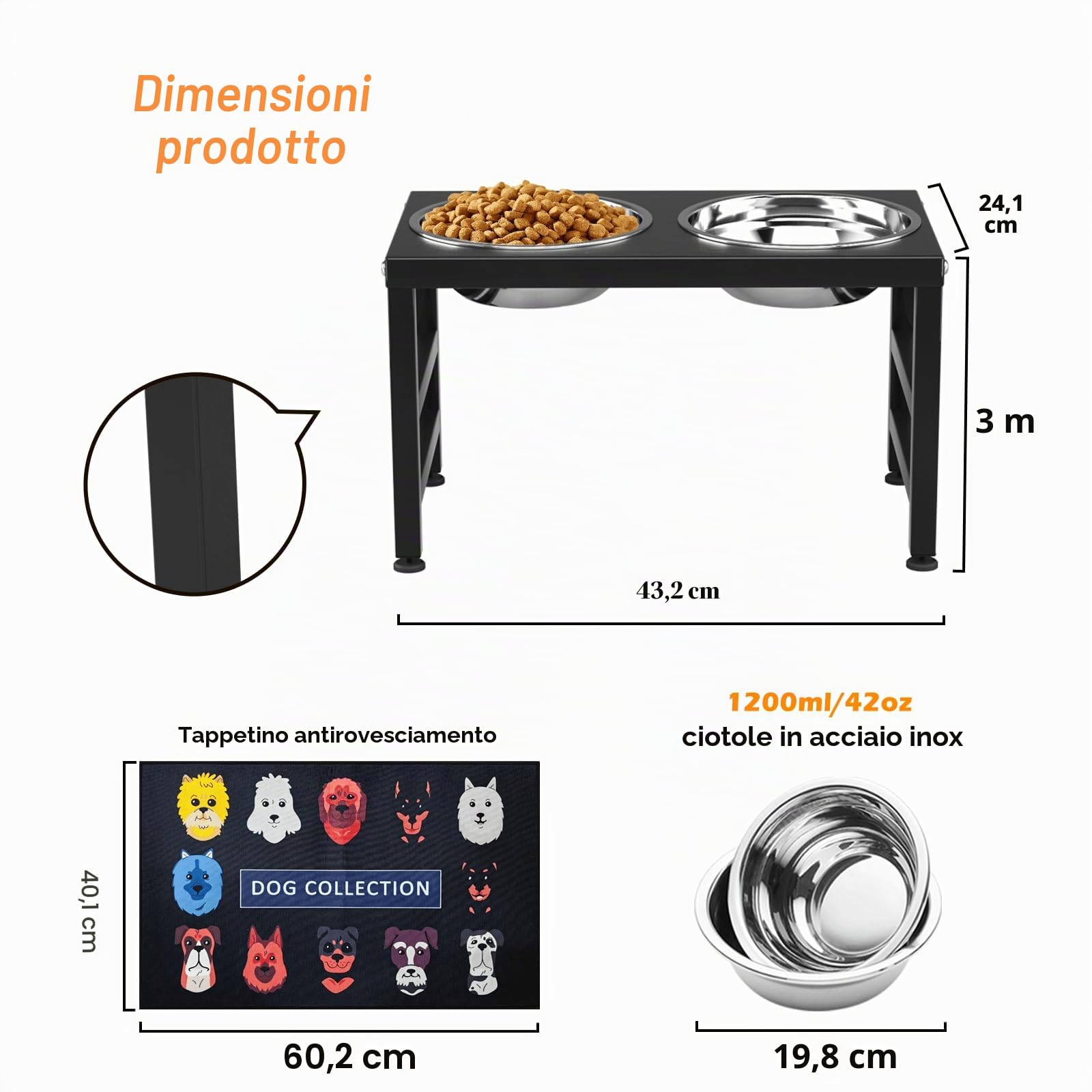 ADENGL Ciotola per cani rialzata in metallo, altezza 25,4 cm, supporto per mangiatoia per cani con 2 ciotole in acciaio inossidabile da 1,19 g e tappetino antiscivolo da 40 x 61 cm, supporto per cibo