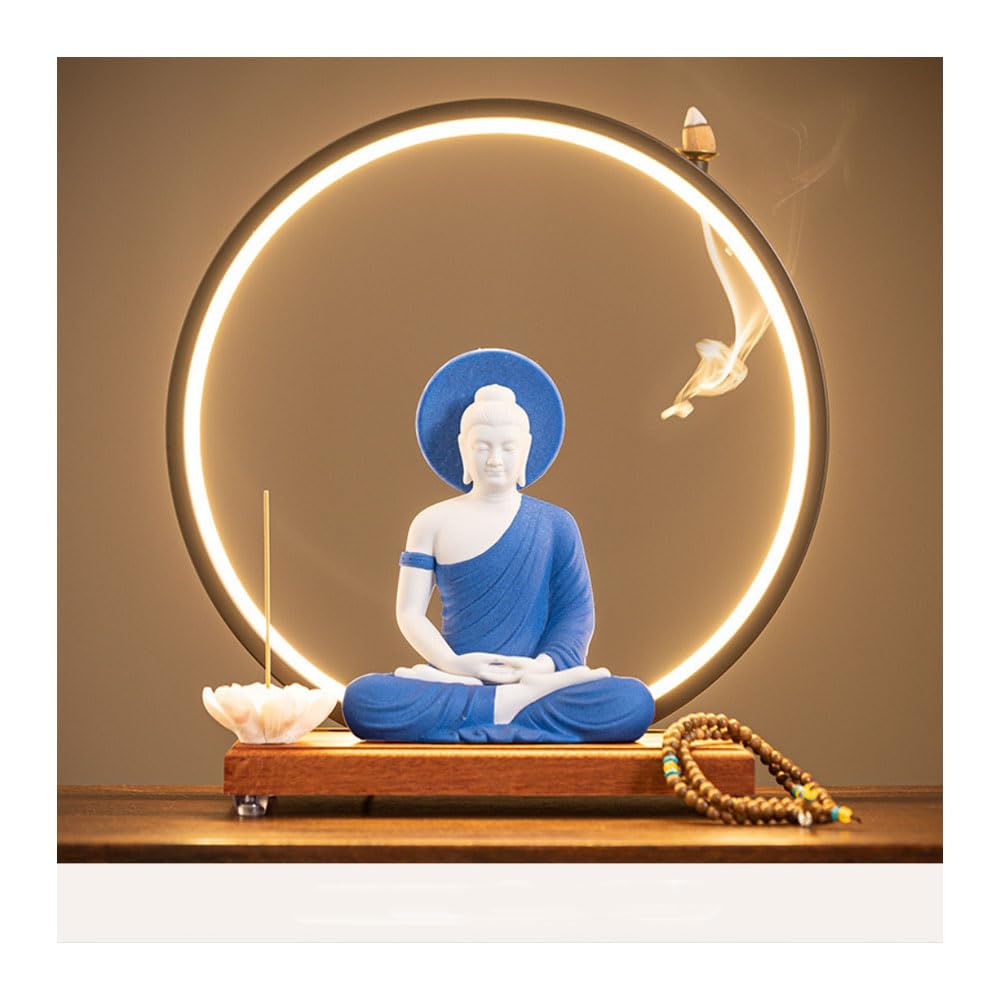 Dytartzx #6 Shakyamuni Buddha Statue With Backflow Incense Burner Incense Holder With Led Light Ring Decorative Tathagata Buddha Figurine