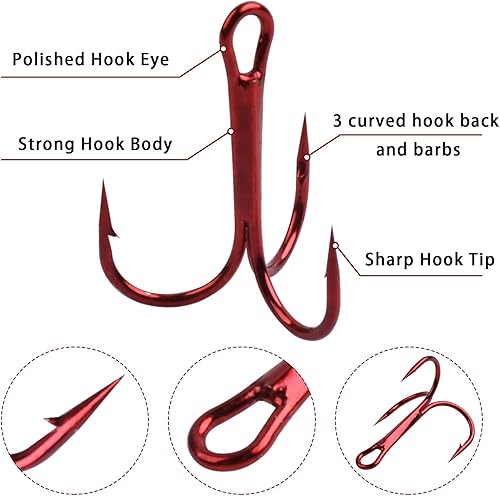 Miniatura 10 de Anzuelos triples de pesca de acero de alto carbono con púas afiladas redondas curvadas para cebo de señuelos duros