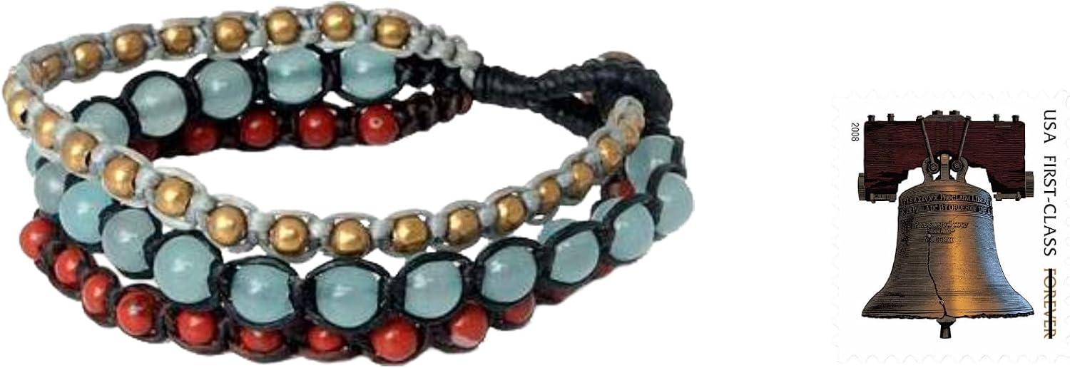 NOVICA Handmade Jasper Beaded Bracelet Brass Quartz Blue Multicolor Red Thailand Aqua Marine Serenity Bohemian Birthstone [7.5 in L x 0.7 in W] 'Urban Colors'