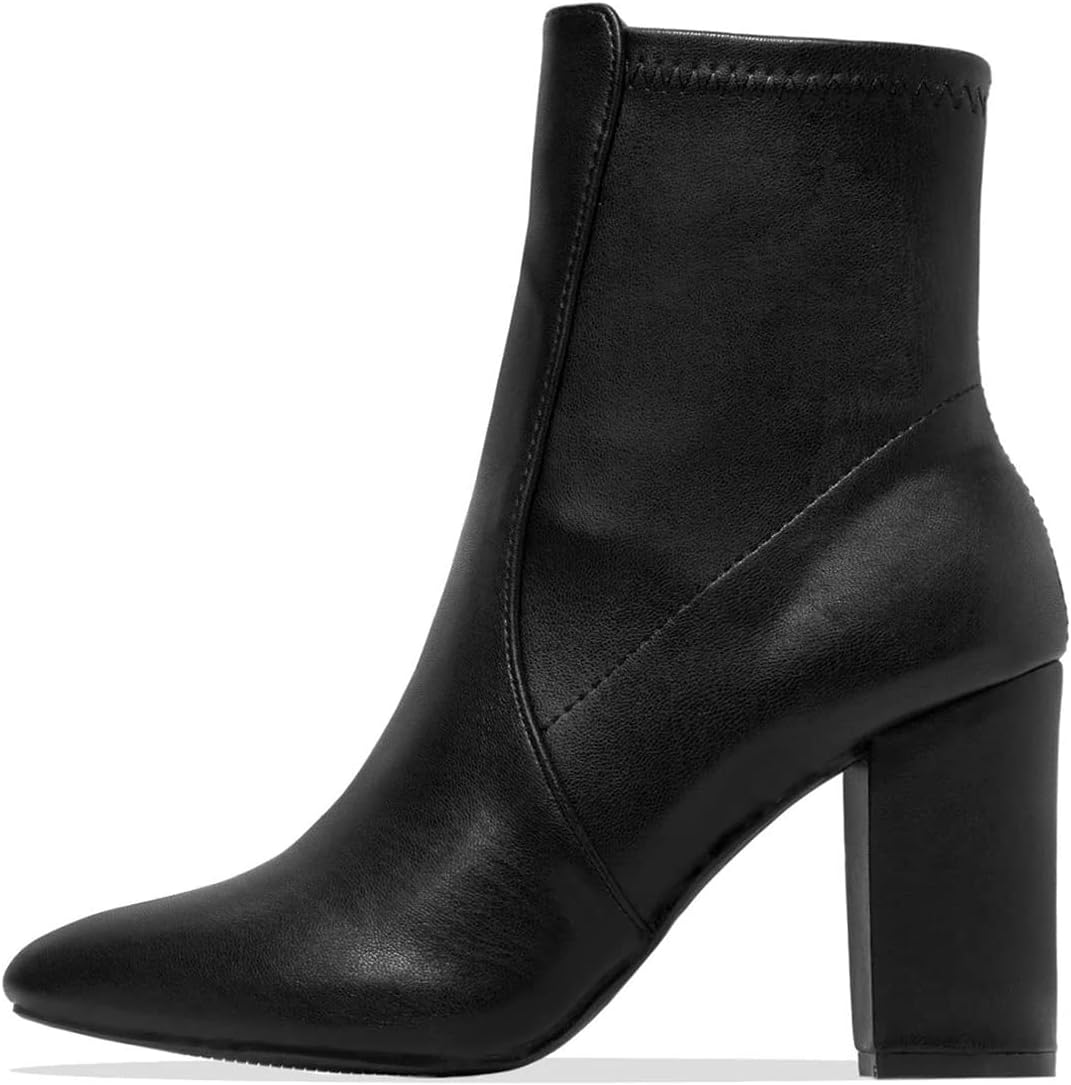 FYS Women Fashion Chunky High Heel Ankle Boots Closed Round Toe Fall Winter Booties Laides Side Zippers Dress Office Shoes Size 4-15 US