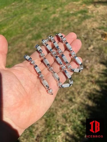 Icebros Moissanite Men's Bullet Chain Real 925 Sterling Silver Iced Flooded Out Hip Hop Necklace (Length 30", Width 5Mm, White Gold) #TOP6