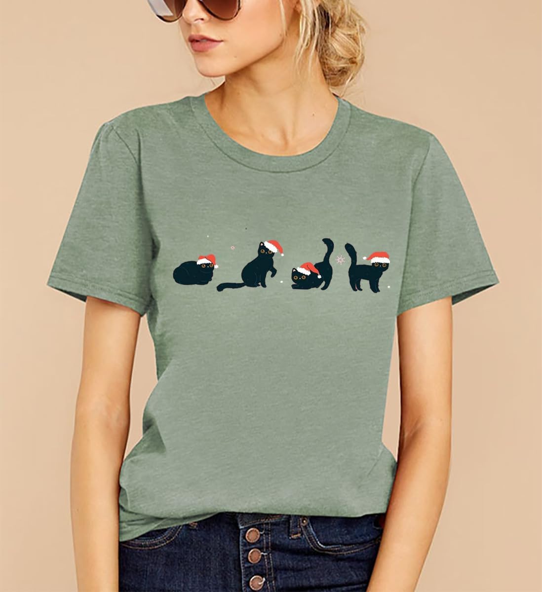 Christmas Cat Shirt Women Cat Lover Tshirt Gift Merry Christmas Tees Casual Short Sleeve Xmas Holiday Shirts Tops - Image 2