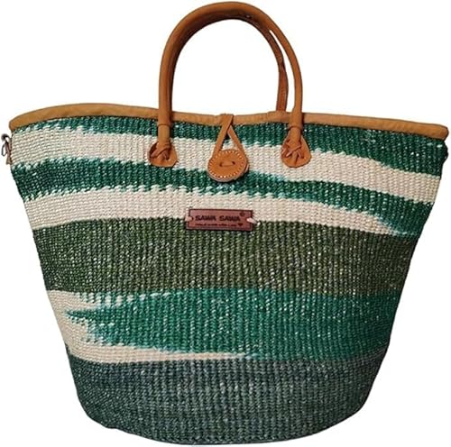 Evergreen Spirit Holiday Basket Handwoven Sisal Straw Basket Tote with Leather Handles and Button Closure, Large Straw Purse Perfect for Travel, Handmade Summer Beach Tote Handbag, lunch bag for Women