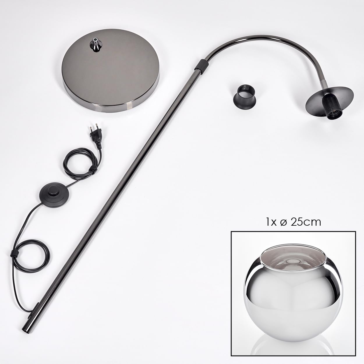 HOFSTEIN Lampadaire Koyoto, lampadaire en métal/verre noir/chrome/fumé, lampe réglable au design rétro/vintage (Ø 25 cm), interrupteur au pied, 140 cm, E27, salon, chambre à coucher, couloir